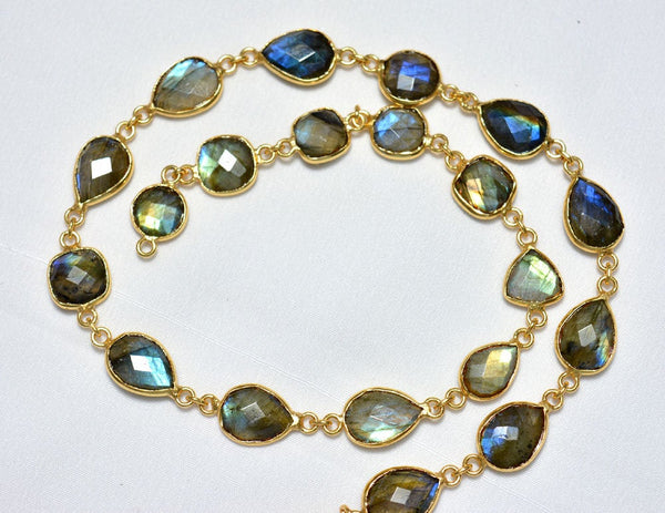 1 Feet Labradorite Connector Chain, 12mm To 15mm Gold Vermeil Bezel Connectors, Rose Cut Jewelry Connector Chain, Gemstone Connectors