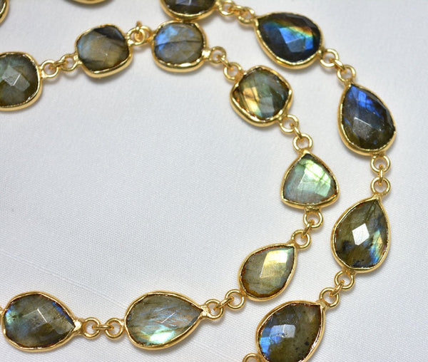 1 Feet Labradorite Connector Chain, 10mm To 14mm Gold Vermeil Bezel Connectors, Rose Cut Jewelry Connector Chain, Gemstone Connectors